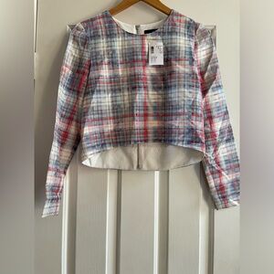 Nicholas for Intermix Exclusive Cropped Plaid Silk Blend Top Size 4 Long Sleeve